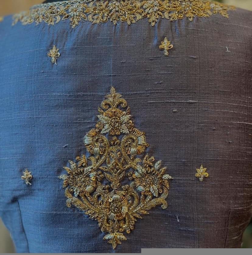 Gray Raw Silk Saree Blouse: Hand Embroidered Zardosi Crop Top