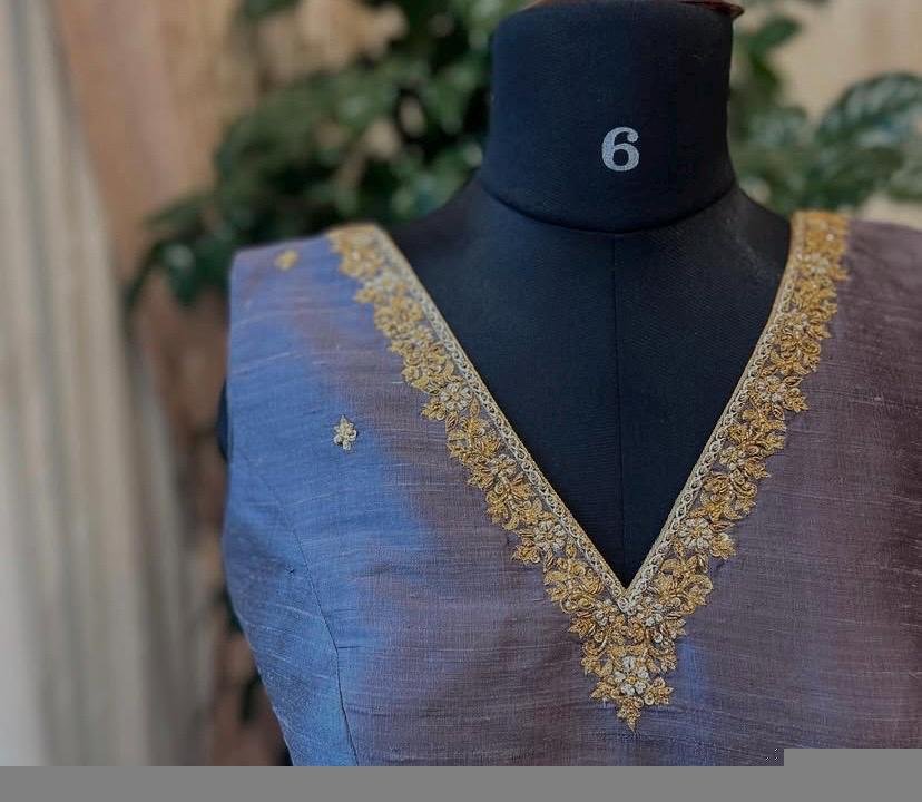 Gray Raw Silk Saree Blouse: Hand Embroidered Zardosi Crop Top