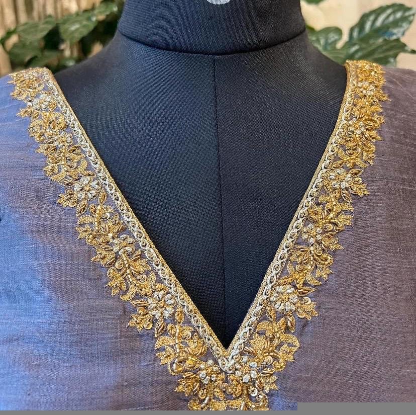 Gray Raw Silk Saree Blouse: Hand Embroidered Zardosi Crop Top