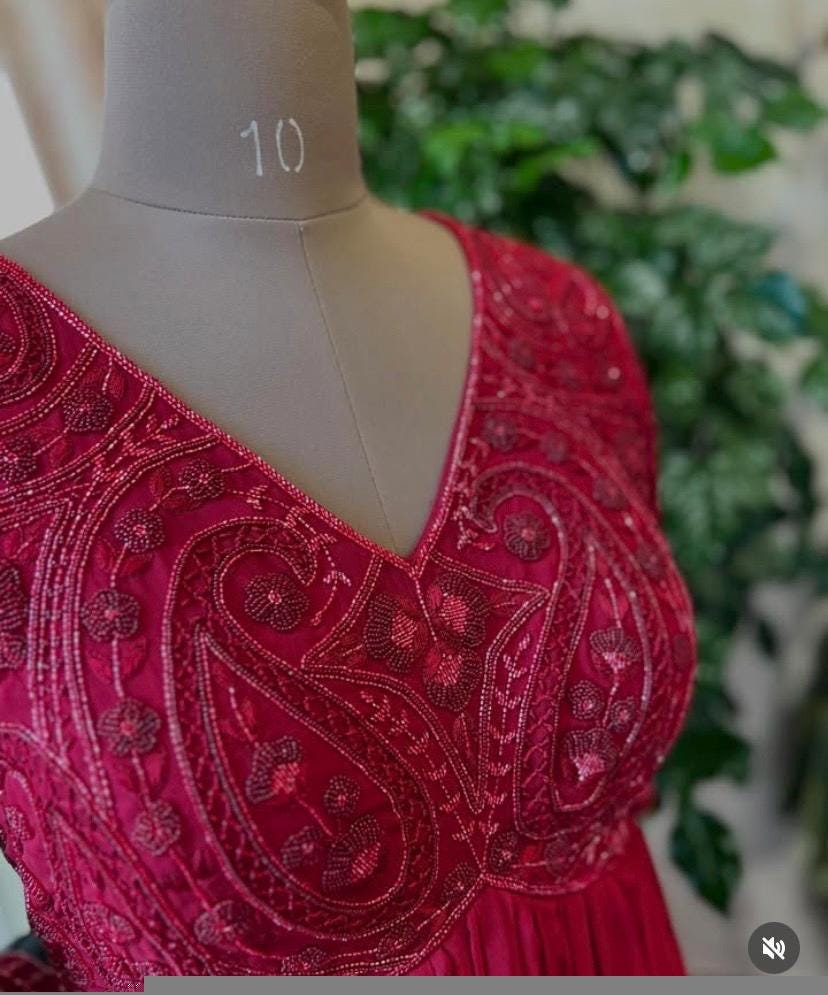 Anarkali suit usa/pink anarkali kurta elbow sleeve/pink heavy anarkali/coral pink anarkali/heavy hand embroidered anarkali with dupatta usa