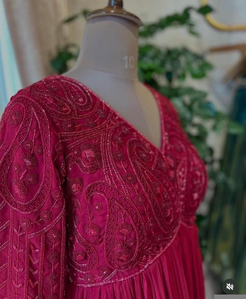 Anarkali suit usa/pink anarkali kurta elbow sleeve/pink heavy anarkali/coral pink anarkali/heavy hand embroidered anarkali with dupatta usa