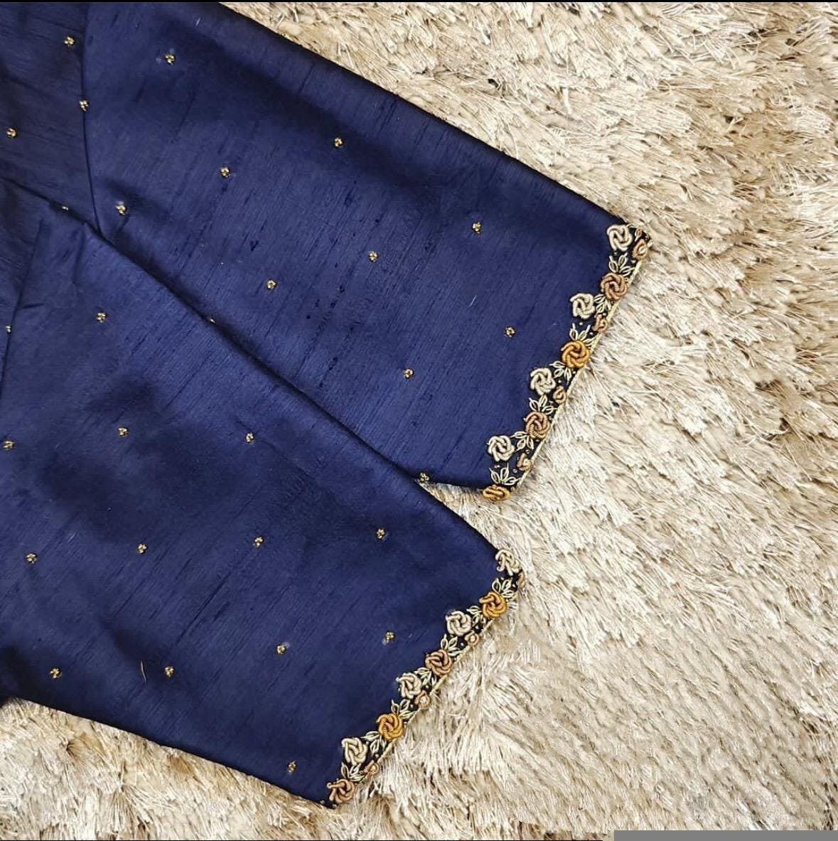 Navy blue silk hand embroidery blouse/saree maggam yellow blouse/blue saree blouse/simple hand embroidered blouse/ready made blouse zardosi