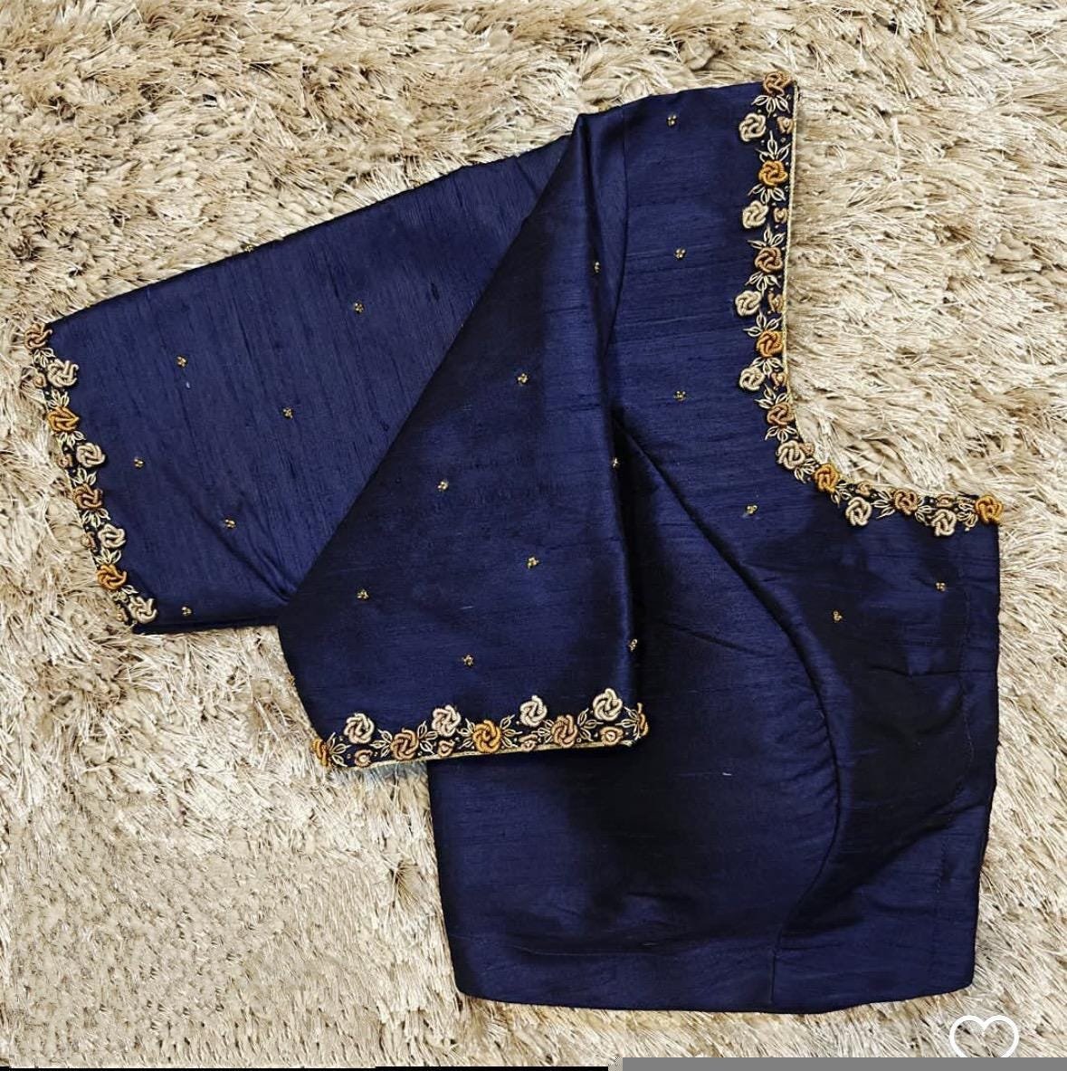 Navy blue silk hand embroidery blouse/saree maggam yellow blouse/blue saree blouse/simple hand embroidered blouse/ready made blouse zardosi