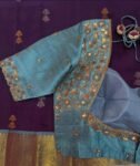 pure silk hand embroidery blouse/gray saree maggam blouse/grey elbow sleeve blouse/hand embroidered blouse/gray raw silk ready made blouse