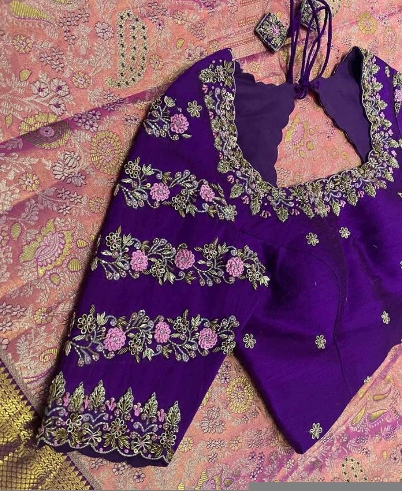pure silk hand embroidery blouse/saree maggam blouse/purple zardosi blouse usa/hand embroidered moderblouse/ready made blouse zardosi usa