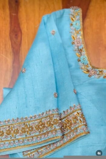 Hand Embroidered Silk Blouse: Turquoise Blue Maggam Work, Elbow Sleeve,blue maggam blouse,mix and match blouse,plus size blouses,handwork