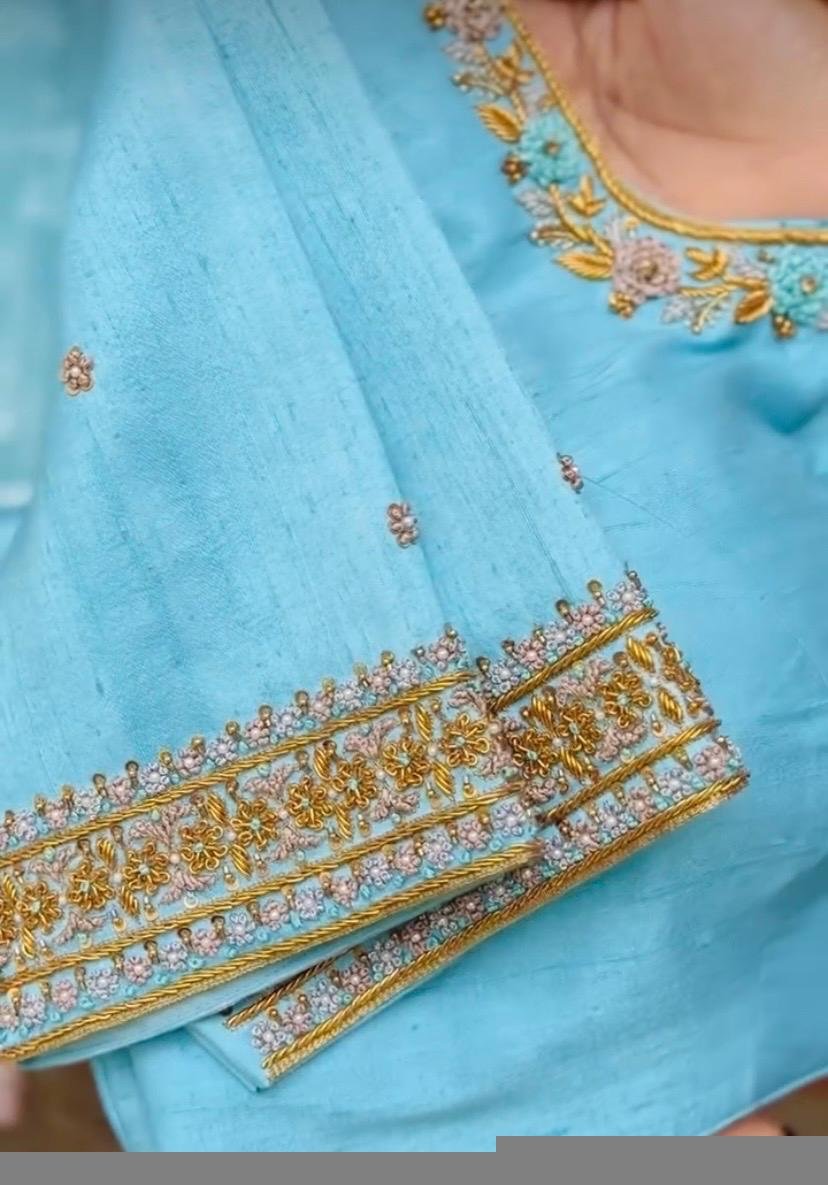 Hand Embroidered Silk Blouse: Turquoise Blue Maggam Work, Elbow Sleeve,blue maggam blouse,mix and match blouse,plus size blouses,handwork