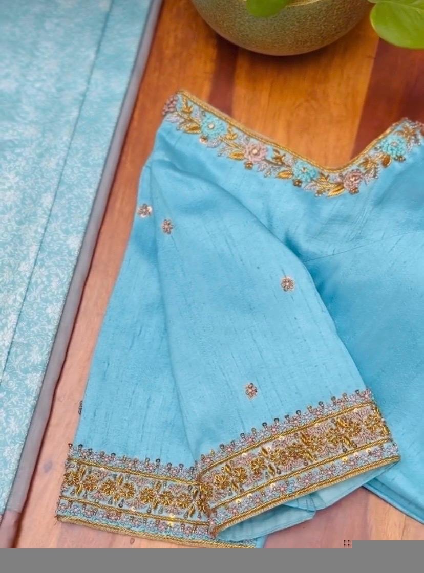 Hand Embroidered Silk Blouse: Turquoise Blue Maggam Work, Elbow Sleeve,blue maggam blouse,mix and match blouse,plus size blouses,handwork