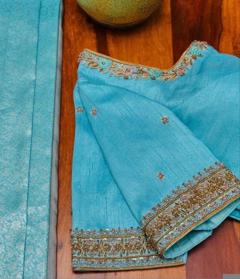 Hand Embroidered Silk Blouse: Turquoise Blue Maggam Work, Elbow Sleeve,blue maggam blouse,mix and match blouse,plus size blouses,handwork