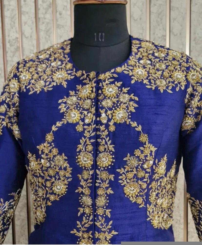 blue hand embroidery long blouse/saree maggam blouse/pure silk zardosi blouse/blue hand embroidered blouse/heavy maggam full sleeve blouse