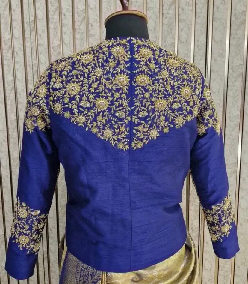 blue hand embroidery long blouse/saree maggam blouse/pure silk zardosi blouse/blue hand embroidered blouse/heavy maggam full sleeve blouse