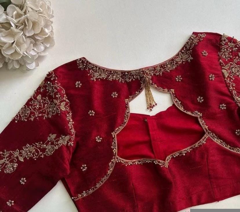 Red Silk Saree Blouse: Hand Embroidered Zardosi Maggam Blouse