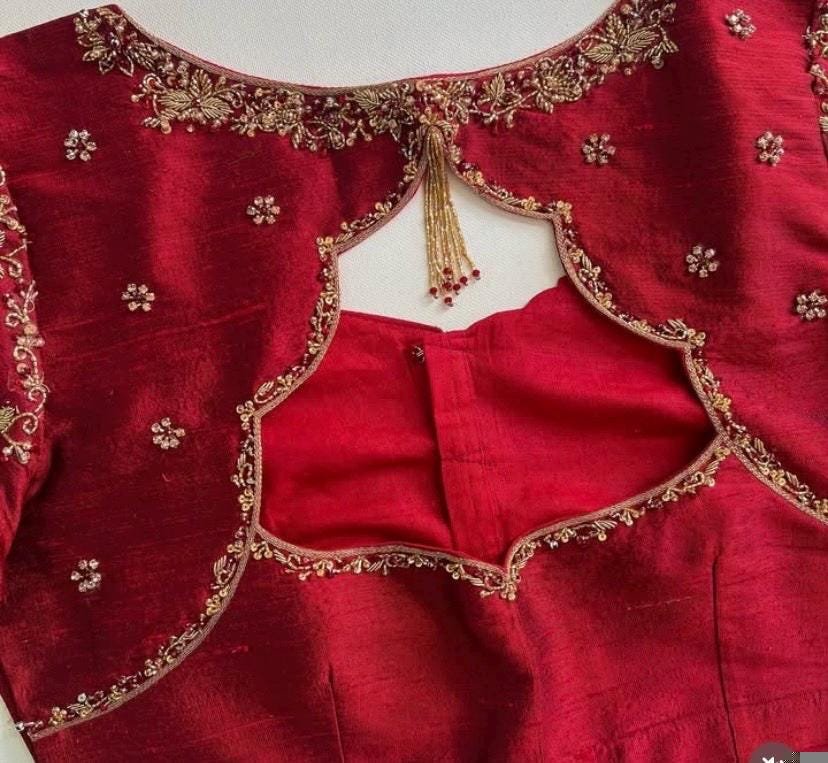 Red Silk Saree Blouse: Hand Embroidered Zardosi Maggam Blouse
