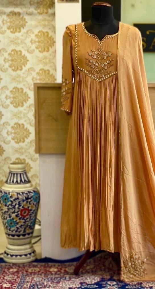 Hand Embroidered Anarkali Dress: Beige Orange Indian Suit with Dupatta,anarkali kurta with dupatta,plus size kurta indian,orange kurta set