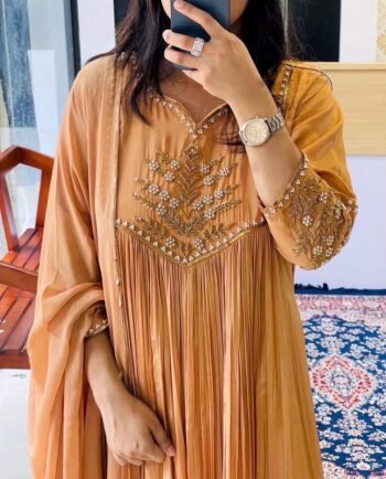 Hand Embroidered Anarkali Dress: Beige Orange Indian Suit with Dupatta,anarkali kurta with dupatta,plus size kurta indian,orange kurta set