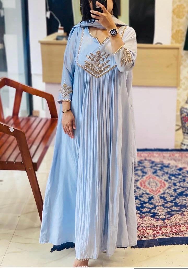 Hand Embroidered Anarkali Dress: Ice Blue Indian Suit with Dupatta