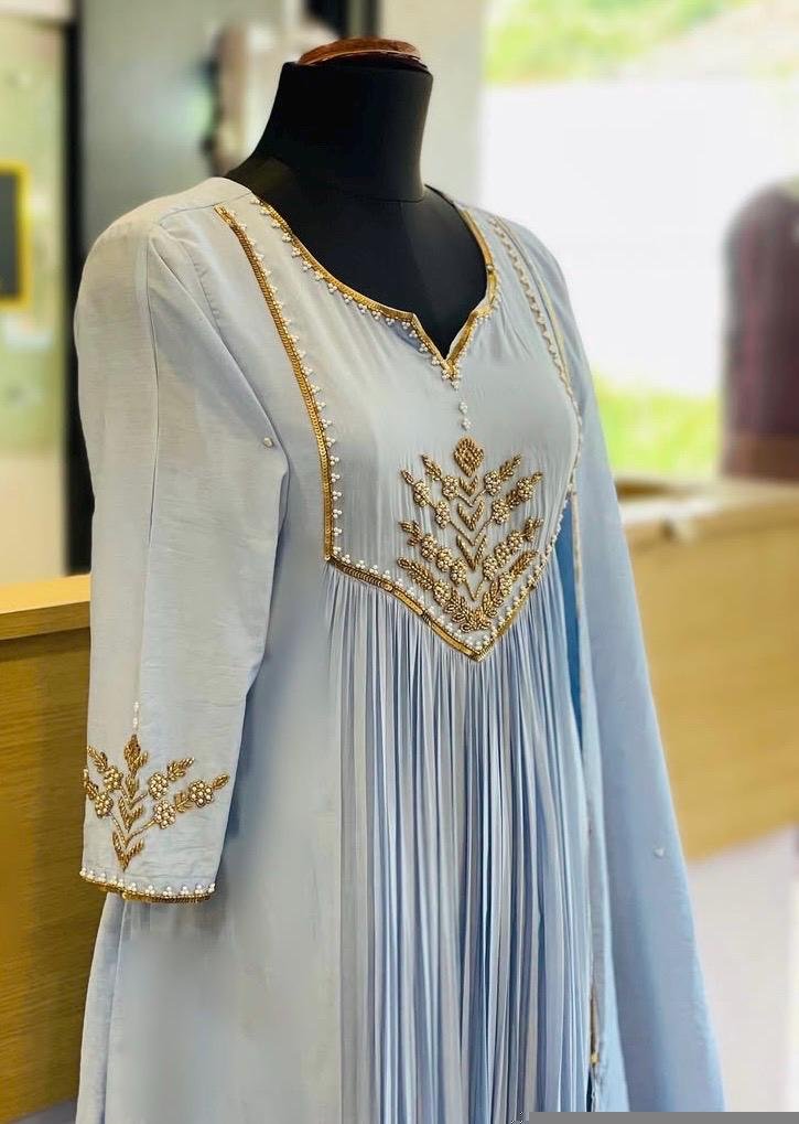 Hand Embroidered Anarkali Dress: Ice Blue Indian Suit with Dupatta