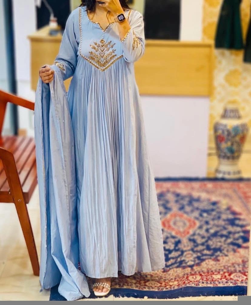 Hand Embroidered Anarkali Dress: Ice Blue Indian Suit with Dupatta