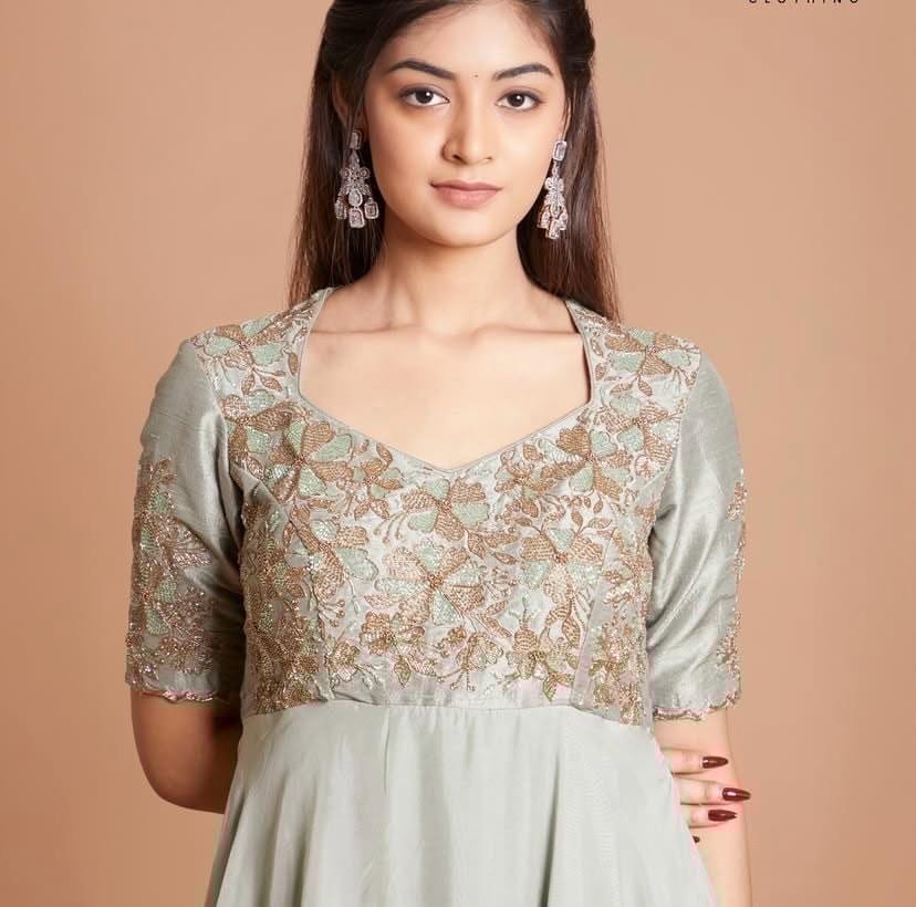 Hand Embroidered Anarkali Suit: Light Pista Green Indian Dress