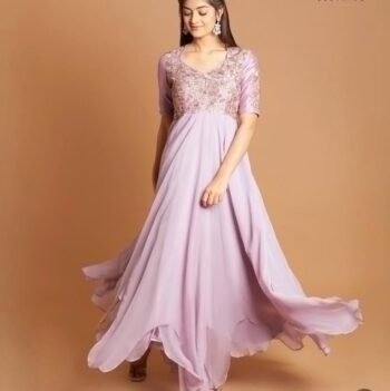 Lavender Anarkali Dress: Hand Embroidered Zardosi Raw Silk Indian Gown