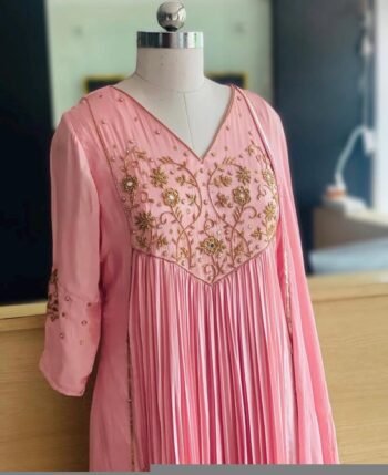 Hand Embroidered Pink Anarkali Dress with Dupatta: Indian Suit Set