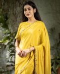 Yellow Crepe Silk Saree: Hand Embroidered Blouse, Haldi Outfit,Orange saree,haldi saree,soft yellow saree with blouse,yellow crepe saree