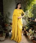 Yellow Crepe Silk Saree: Hand Embroidered Blouse, Haldi Outfit,Orange saree,haldi saree,soft yellow saree with blouse,yellow crepe saree