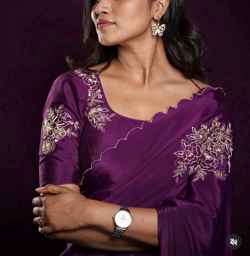 Purple hand work saree with blouse|purple embroidered saree with ready blouse|purpleheavy blouse|embroidered blouse with saree|scallop saree