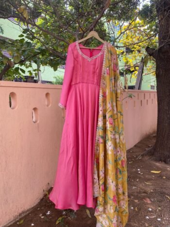Hand Embroidered Pink Tissue Anarkali Suit with Floral Dupatta