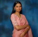 Peach Organza Silk Saree: Hand Embroidered Blouse, Traditional Sari