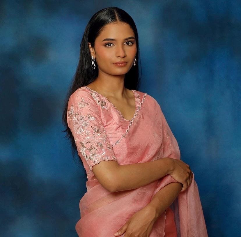 Peach Organza Silk Saree: Hand Embroidered Blouse, Traditional Sari