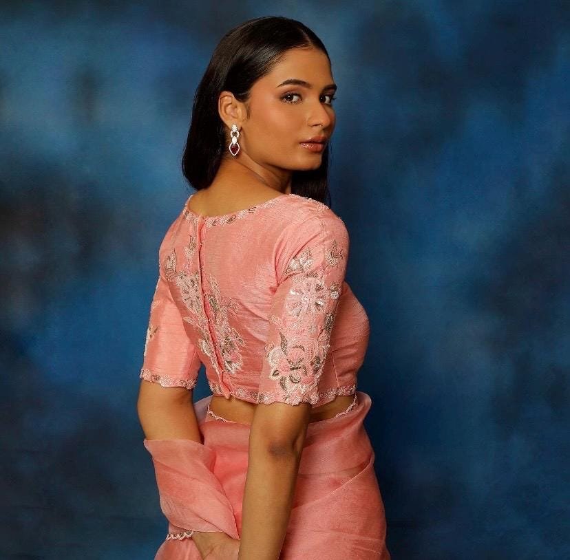 Peach Organza Silk Saree: Hand Embroidered Blouse, Traditional Sari