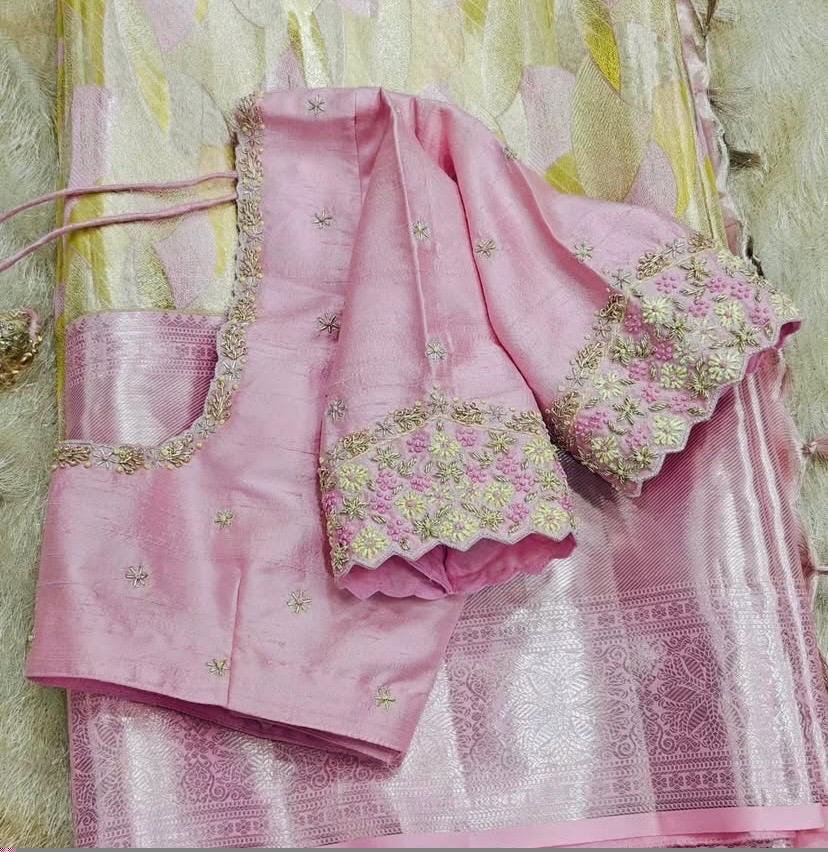 pure silk hand embroidery blouse/light pink maggam blouse/pink hand embroidered blouse/blushpink ready made blouse zardosi/light pink blouse