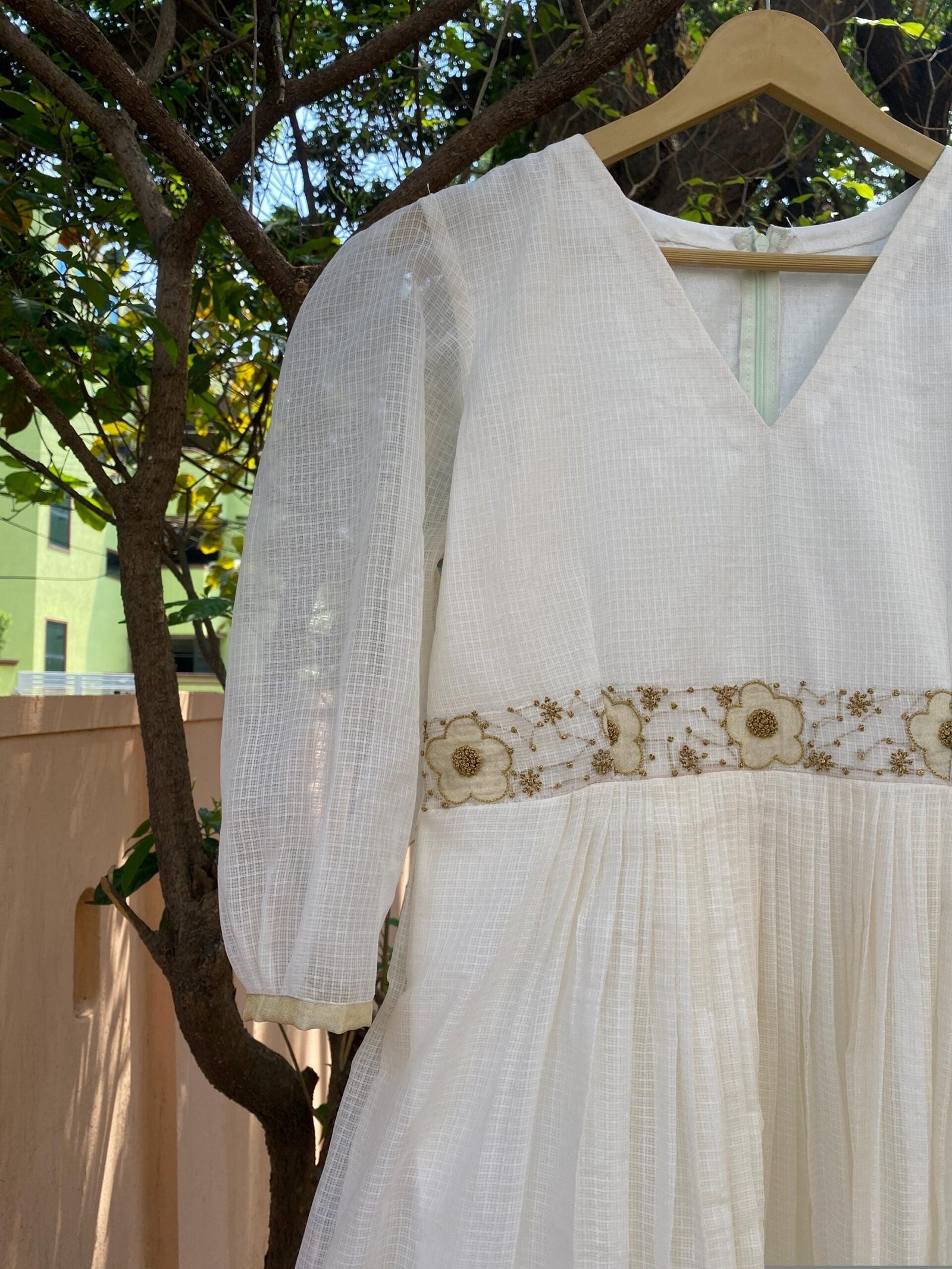 Hand Embroidered Kota Cotton Anarkali Dress: Cream Indian Dress
