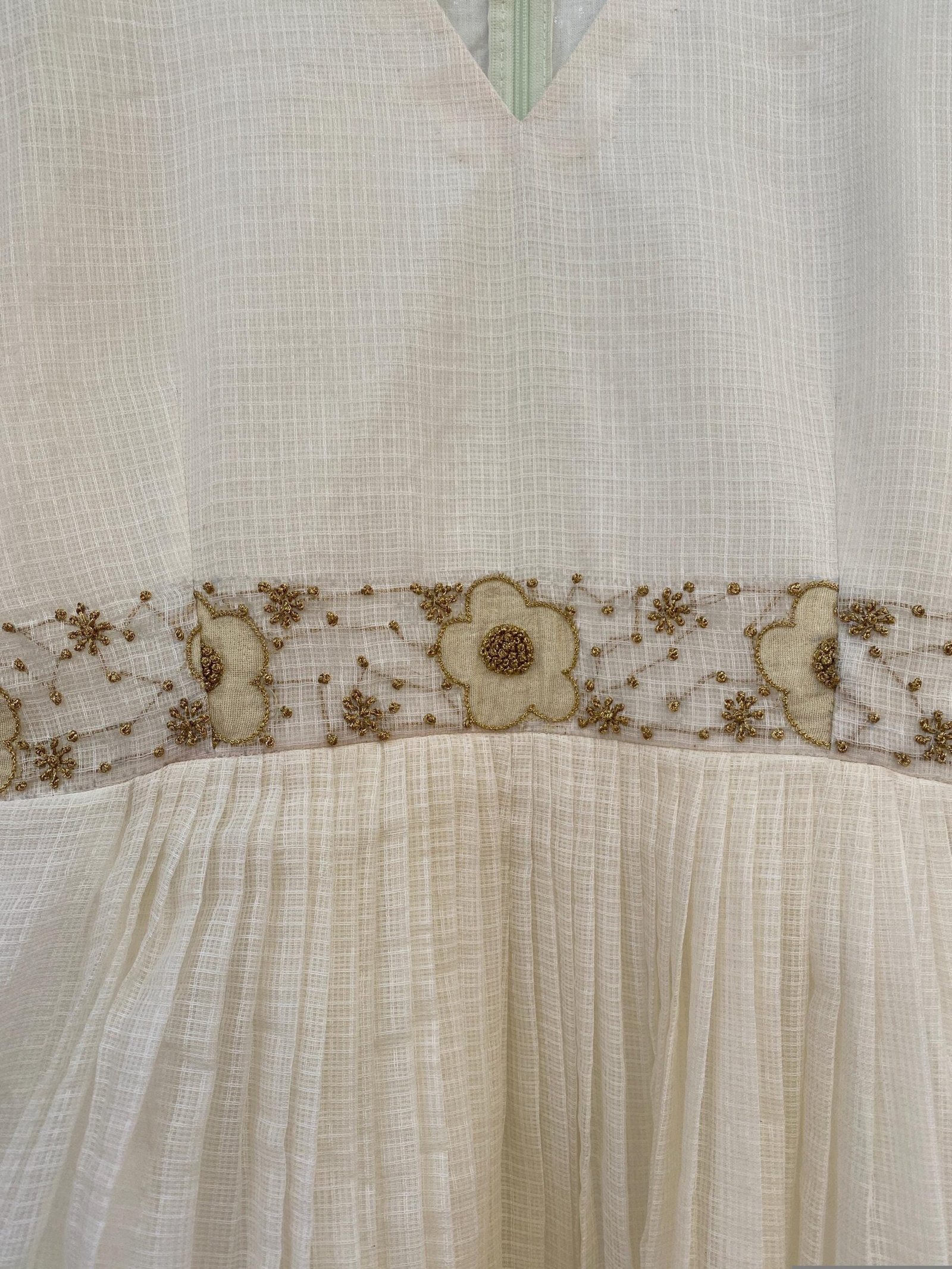 Hand Embroidered Kota Cotton Anarkali Dress: Cream Indian Dress