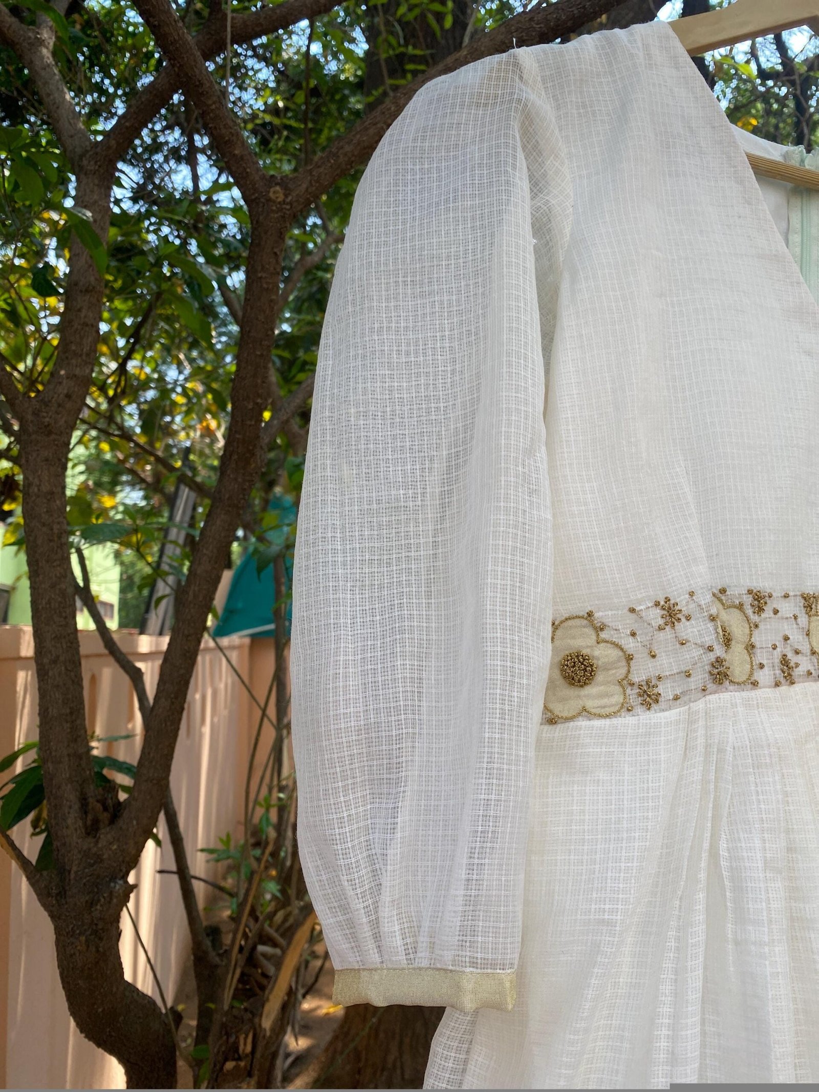 Hand Embroidered Kota Cotton Anarkali Dress: Cream Indian Dress