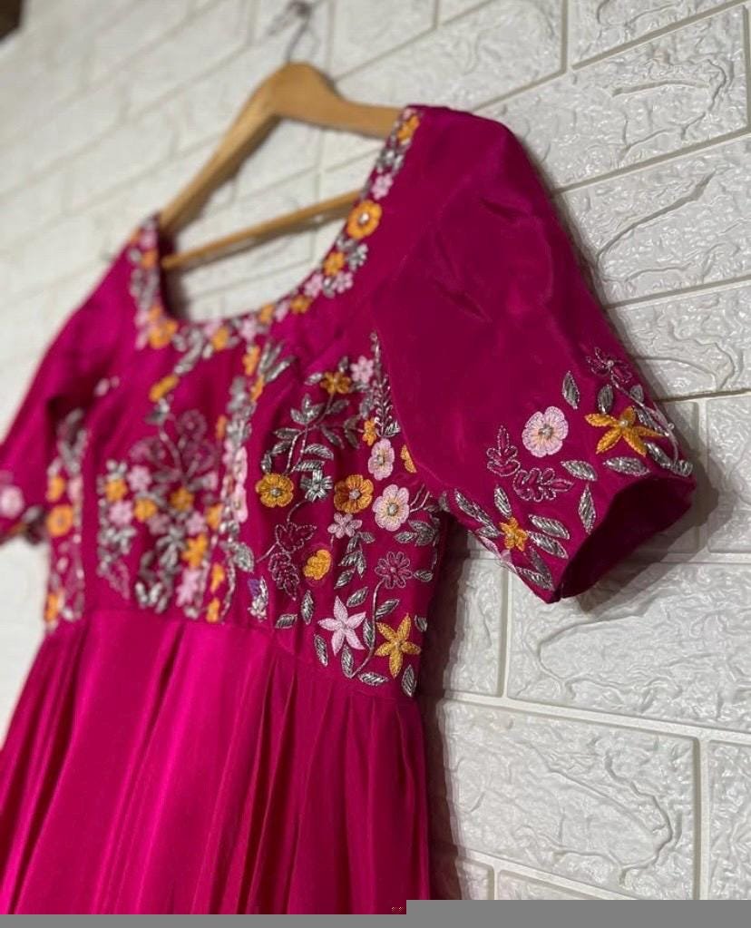 Magenta Pink Anarkali Suit: Hand Embroidered Crepe Silk Indian Dress