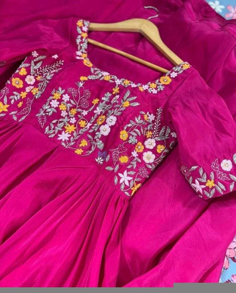 Magenta Pink Anarkali Suit: Hand Embroidered Crepe Silk Indian Dress