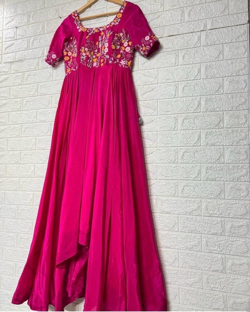 Magenta Pink Anarkali Suit: Hand Embroidered Crepe Silk Indian Dress