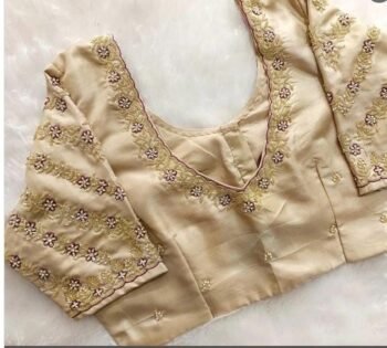 Hand Embroidered Silk Saree Blouse: Beige Zardosi Maggam Work