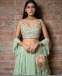 Green Lehenga Set: Hand Embroidered Silk Crop Top, Georgette Skirt