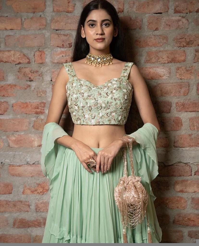 Green Lehenga Set: Hand Embroidered Silk Crop Top, Georgette Skirt
