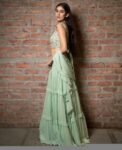 Green Lehenga Set: Hand Embroidered Silk Crop Top, Georgette Skirt