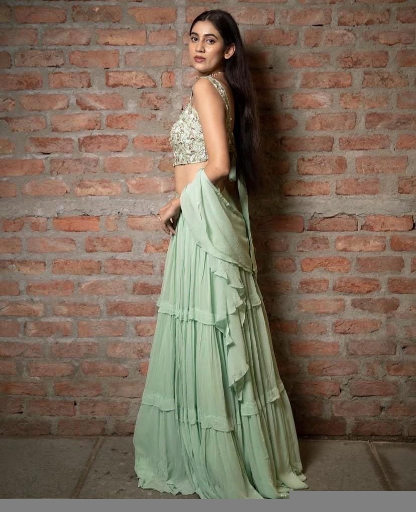 Green Lehenga Set: Hand Embroidered Silk Crop Top, Georgette Skirt
