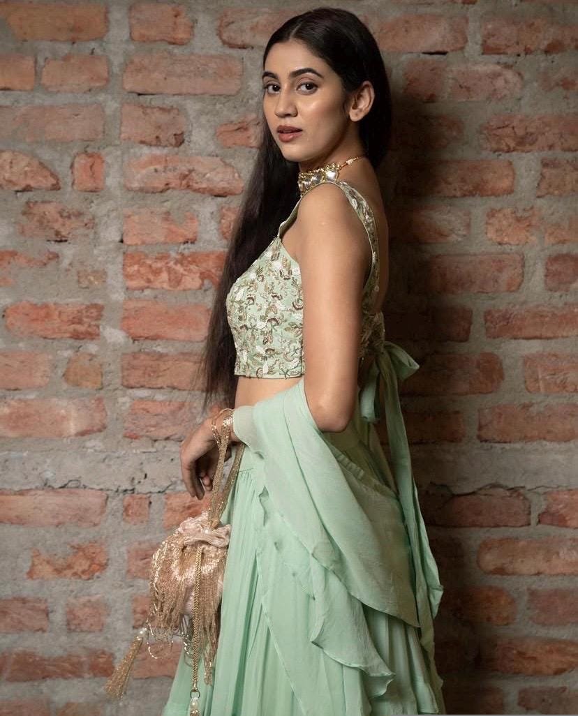 Green Lehenga Set: Hand Embroidered Silk Crop Top, Georgette Skirt