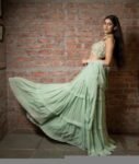 Green Lehenga Set: Hand Embroidered Silk Crop Top, Georgette Skirt