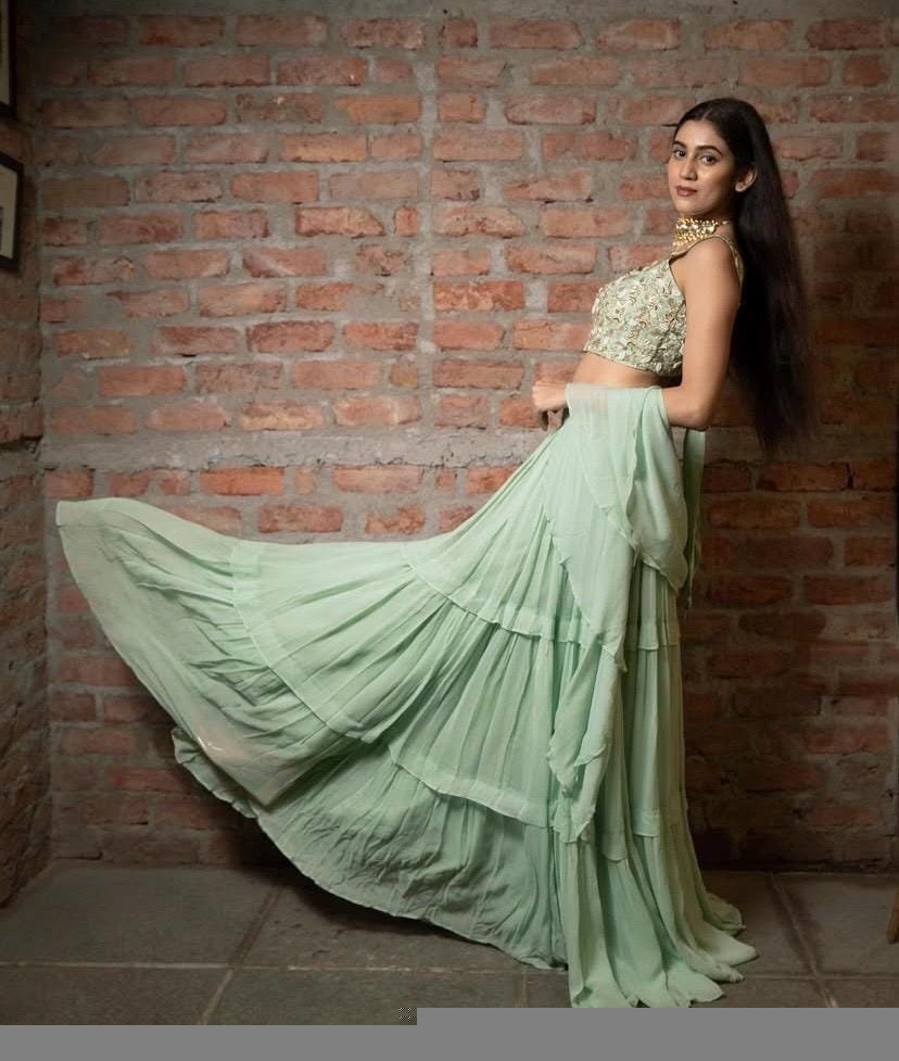 Green Lehenga Set: Hand Embroidered Silk Crop Top, Georgette Skirt