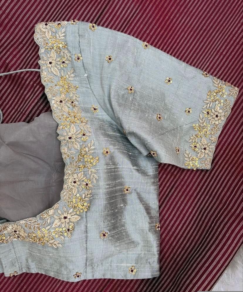 pure silk hand embroidery blouse/gray saree maggam blouse/grey elbow sleeve blouse/hand embroidered blouse/gray raw silk ready made blouse