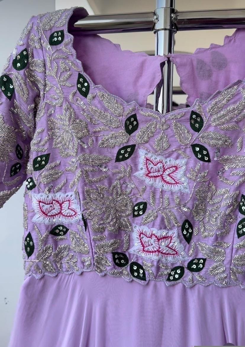 Anarkali suit set usa/anarkali georgette kurta elbow sleeve/lavender anarkali/lavender anarkali/heavy hand embroidered anarkali with dupatta