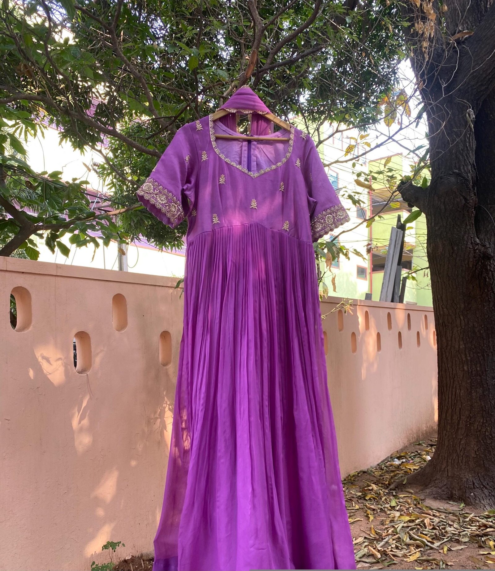 Hand Embroidered Lavender Anarkali Dress: Silk Indian Gown with Dupatta